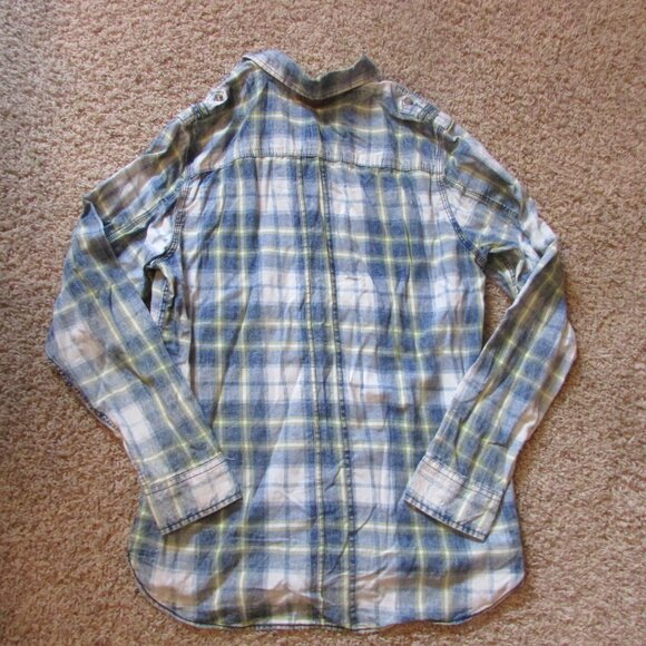 NWT Buffalo Blu Medium Blue White Yellow Plaid Button Front Woven Shirt Pockets - Picture 2 of 2